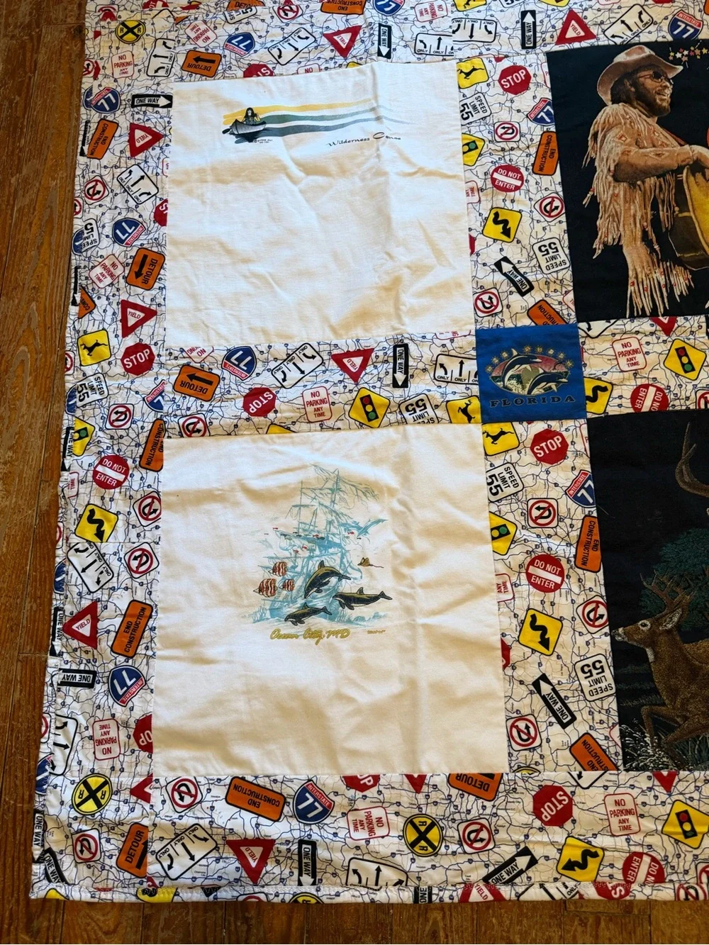 Handmade Patchwork T-Shirt Quilt with Wildlife & Music Panels - app 45x70